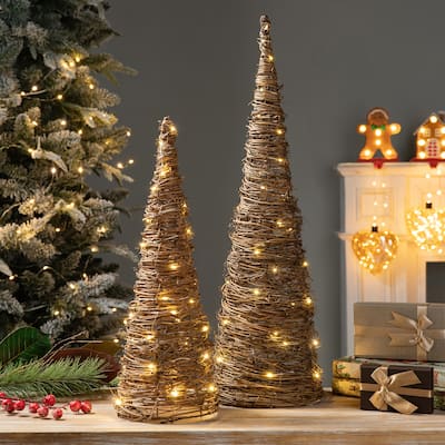 Glitzhome Set of 2 Lighted Rattan Christmas Table Tree Decor with Timer - Brown