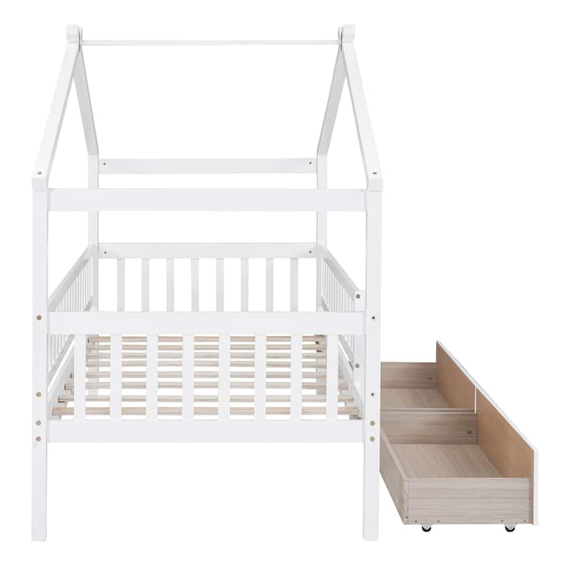 Twin Size Wooden House Bed with Drawers and Roof Design, Kids Bed Frame