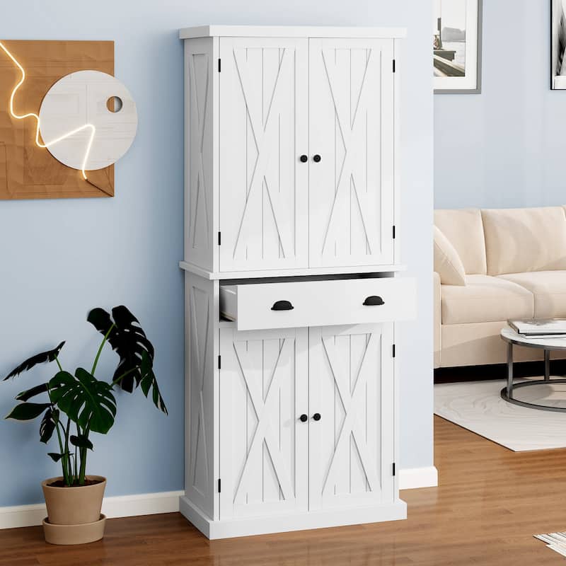 Moasis Farmhouse Freestanding 72'' Kitchen Pantry Storage Cabinet Cupboard with Drawer Adjustable Shelves - White