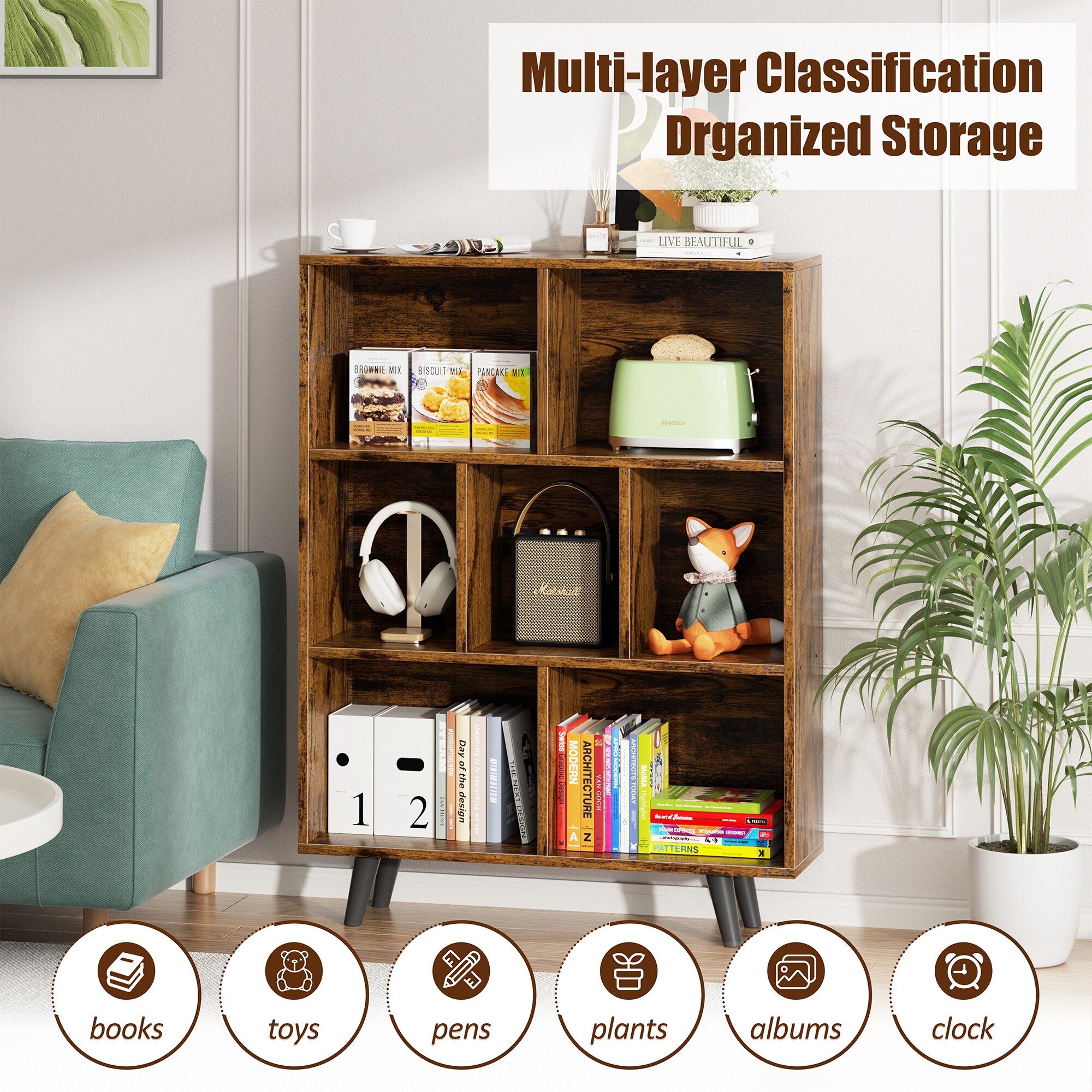 Wooden 7 Cube Bookshelf, 3-Tier Storage Bookcase - On Sale