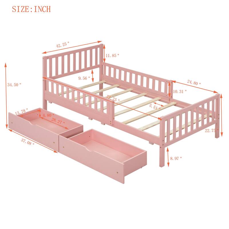 Wood Twin/Full Size Wood Platform Bed with Guardrails on Both Sides and Two Storage Drawers