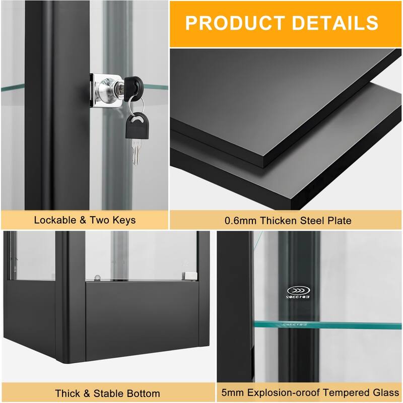 4-shelf Glass Curio Display Cabinet with Doors, RGB Light & Adjustable Storage Shelves - 63"H x 15.8"W x 15.8"D