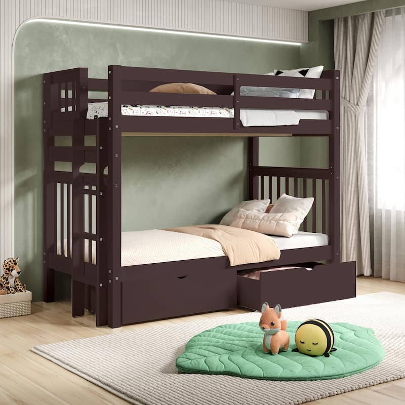 Taylor & Olive Trillium Tall Twin over Twin Bunk Bed, 2 Drawers - Dark Cherry