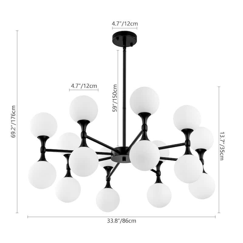 16-Light Modern Glam Linear Sputnik Branch Cluster Milky White Frosted Opal Glass Globe Chandelier