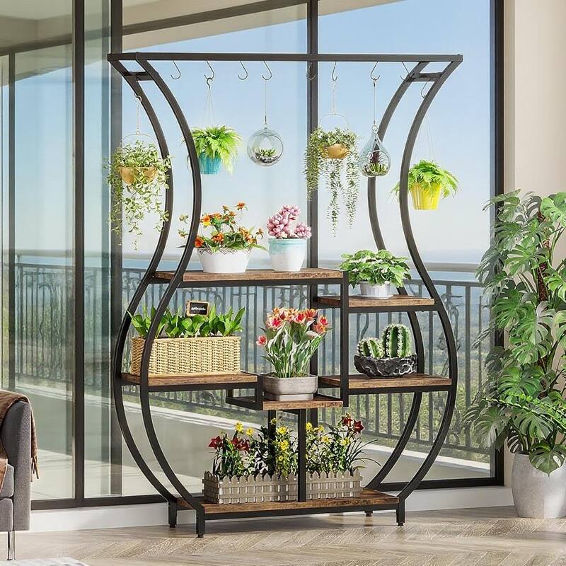 Black-Brown Metal and Particle Board Ladder Plant Stand with Hooks - 47.24” x 11.81” x 70.87” - Black-Brown