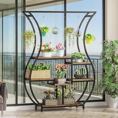 Black-Brown Metal and Particle Board Ladder Plant Stand with Hooks - 47.24” x 11.81” x 70.87”