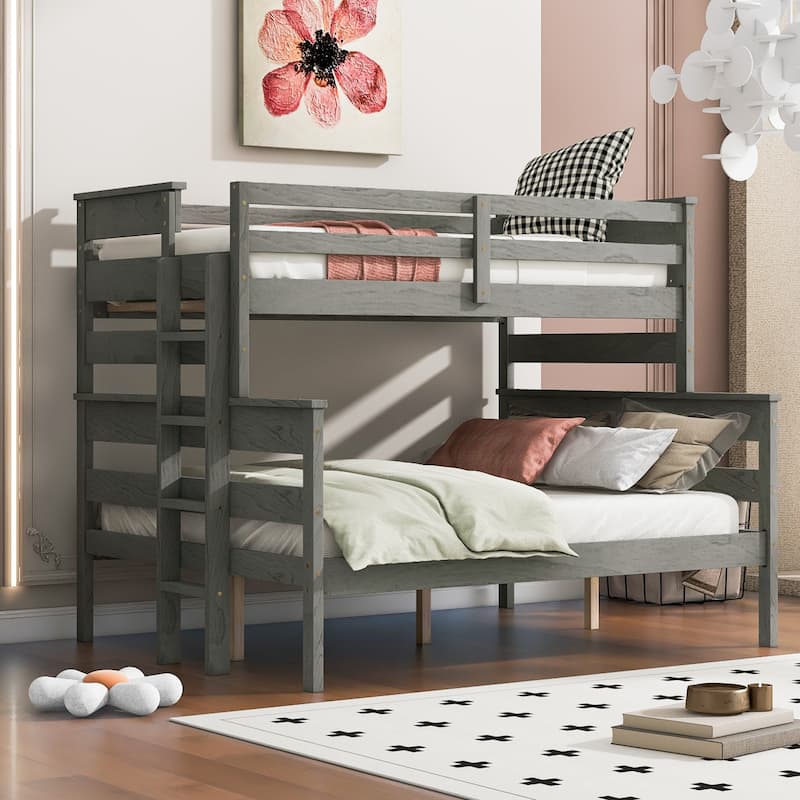 Solid Wood Bunk Bed Wood Slat Support Bed Frame Full Length Guardrail Up Bed with Ladder Separable Platform Bed - Grey - Twin