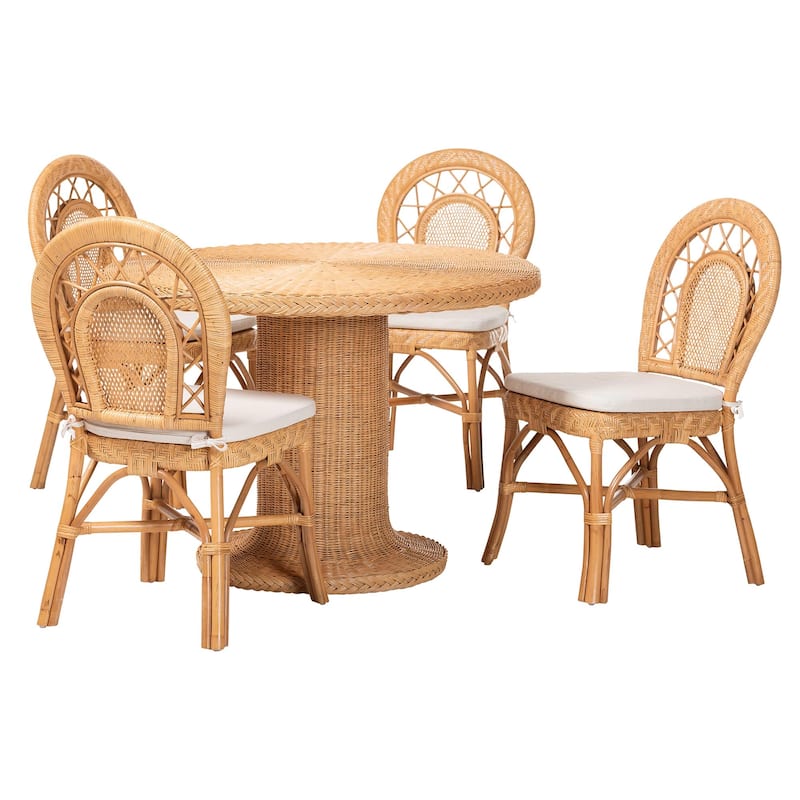 Walker 5-Piece Natural Rattan Dining Set - Handwoven Wicker Set with Round Pedestal Table and 4 Curved Back Chairs, Coastal Boho - Light Honey