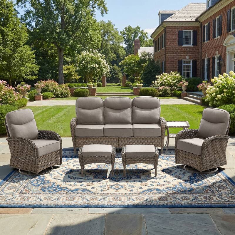Pocassy Outdoor Wicker Patio Sofa with Swivel Chair Ottoman Sets - Brown Wicker Gray Cushion - 6-Piece Sofa Swivel Chair with Ottoman