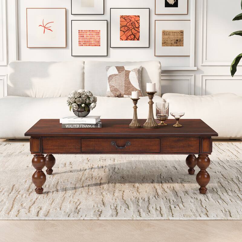 Vintage Cocktail Table Rectangular Wooden Coffee Table with Storage Drawer, Gourd-Shaped Legs and Zinc Alloy Handle - Walnut