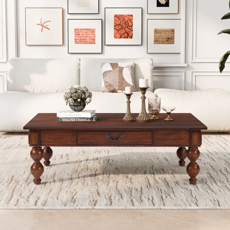 Vintage Coffee Table Rectangular Coffee Table with Storage Drawers and Waterproof Tabletop for Living Room