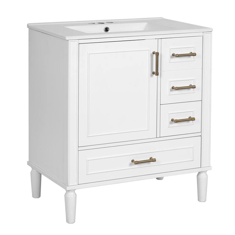 Solid Wood Bathroom Vanity with Ceramic Sink, Bathroom Storage Cabinet with 3 Drawers, Soft Close Doors & Built-in Shelf