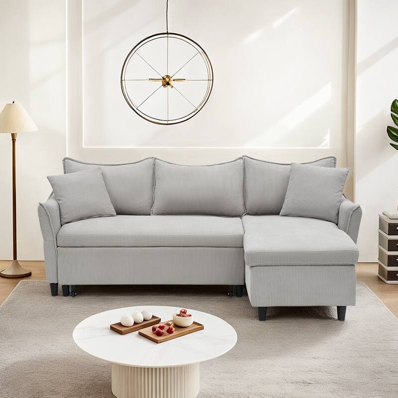 80-inch Gray Corduroy L-Shape Convertible Sofa Bed, Storage, 2 Pillows - Grey
