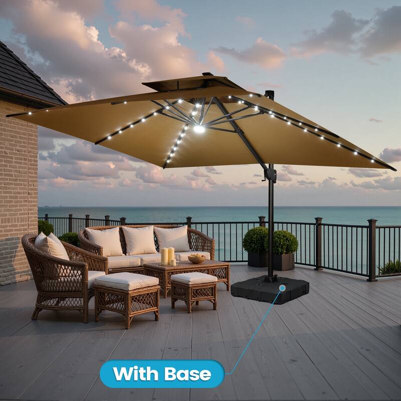 13 x 10ft Solar Powered LED Patio Cantilever Umbrella 360-degree Rotation with Weighted Base