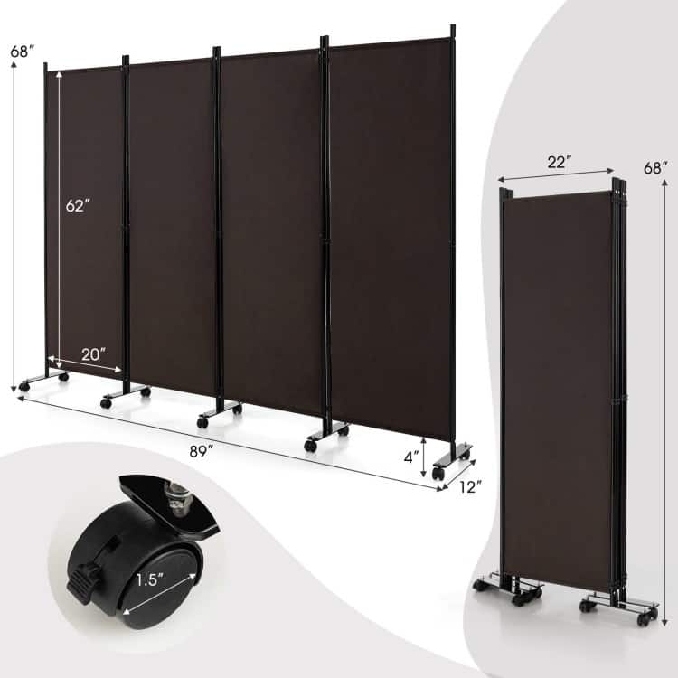 4-Panel Folding Room Divider Rolling Privacy Screen with Lockable Wheels - 89" x 12" x 68" (L x W x H)