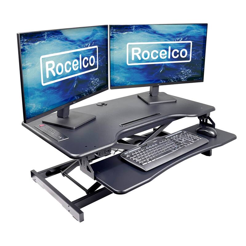 Rocelco 37.4 in. W Beige Electric Standing Desk Converter with AC USB Charger, Motorized Lift, Dual Monitor Riser and Tray