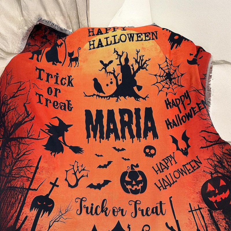 Halloween Personalized Tassel Throw Blanket with Name, Custom Spooky Ghost Pumpkin Blanket, Cozy Halloween Gift