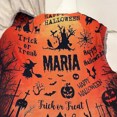 Halloween Personalized Tassel Throw Blanket with Name, Custom Spooky Ghost Pumpkin Blanket, Cozy Halloween Gift