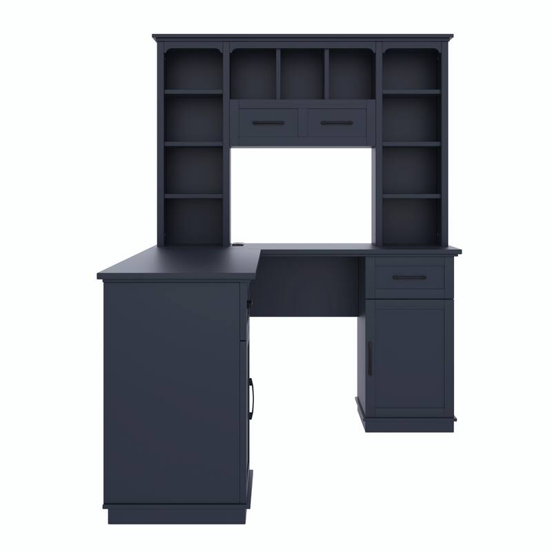 L-Shaped Computer Desk with 2 Cabinets, 2 Drawers, 11 Open Shelves and a Flip-Up Shelf with Storage on the Right Side