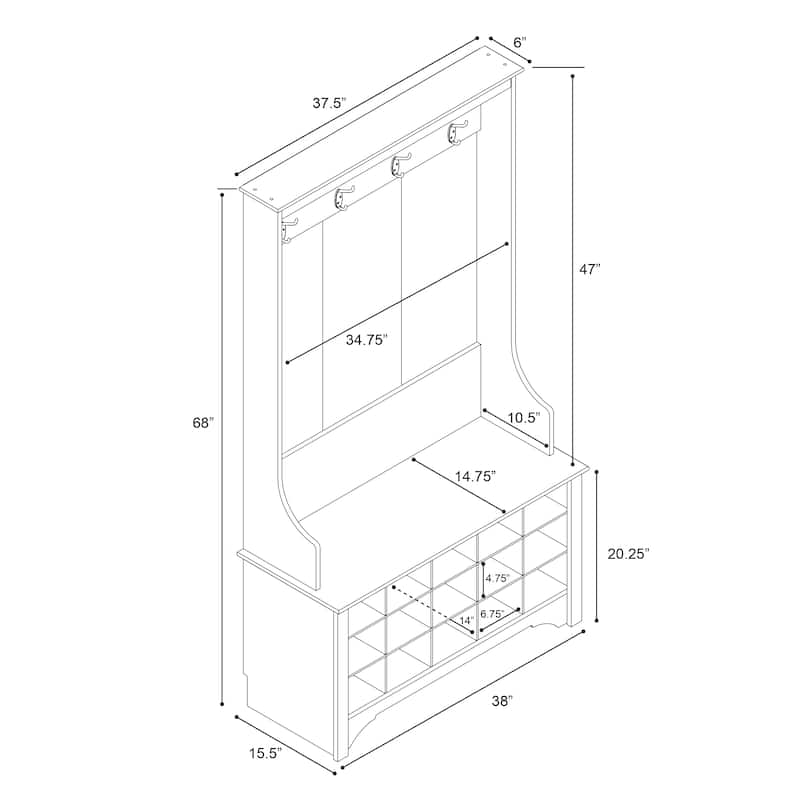 Prepac 38" Wide Hall Tree with 15 Shoe Cubbies - 38 in. W x 68 in. H x 15.5