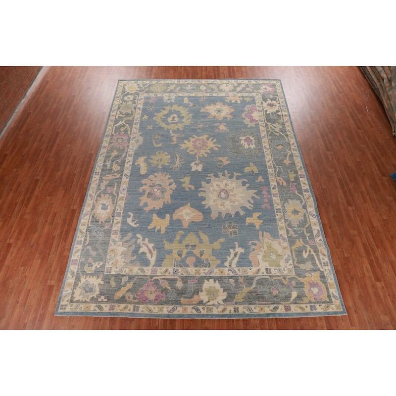 Hand Knotted Oriental 100% Wool Carpet Transitional All-Over Navy Blue & Blues Oushak Area Rug - 14' 0'' X 9' 11''