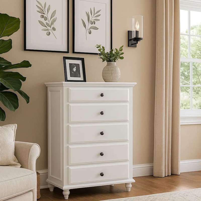 5 Drawer Spacious Wooden Chest White