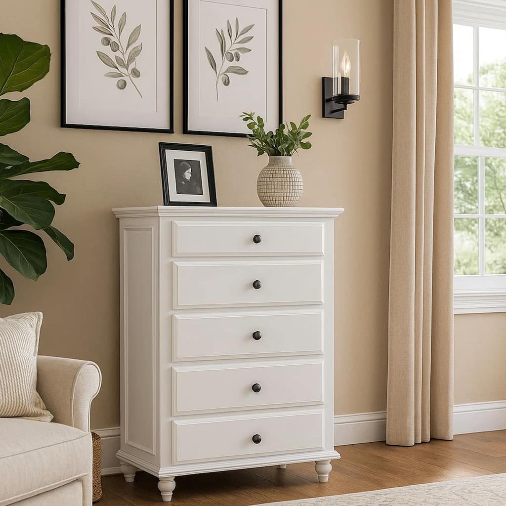 5 Drawer Spacious Wooden Chest White