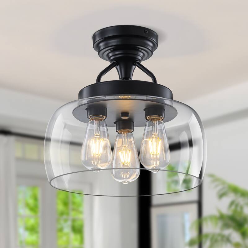 Starsky 3-Light Modern Clear Glass Dome Flush Mount Ceiling Light, Thick One-Piece Drum Shade - Black