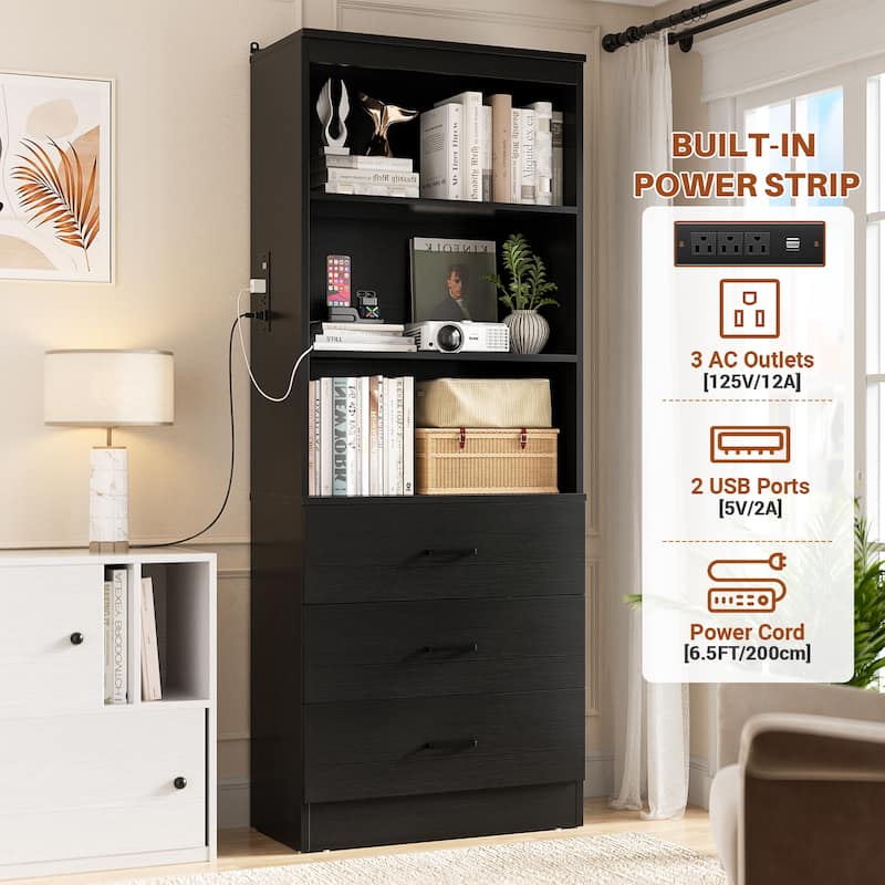 6-Tier 23.6'' Display Cabinet with Charging Station and Drawers, Bookcase Storage Shelf Kitchen Pantry