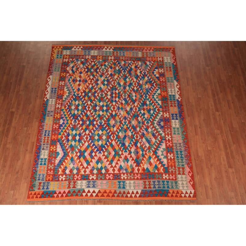 South Western Style Kilim Area Rug Hand-Woven Multi-Color Wool Carpet - 8'1" x 9'10"