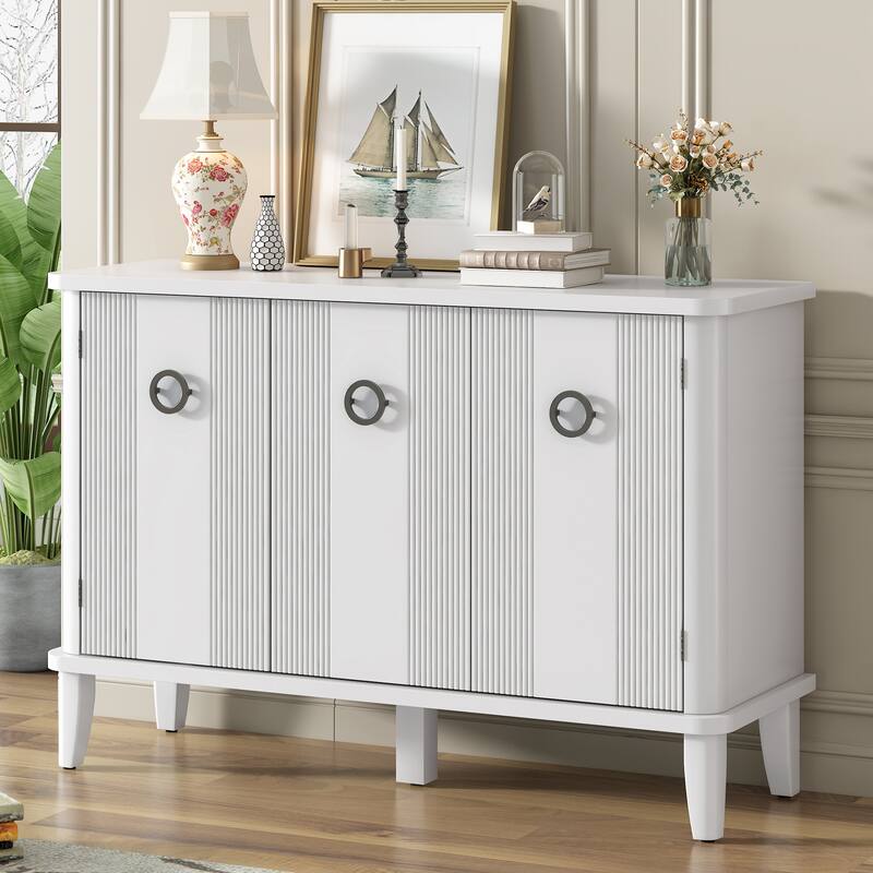 Wood Veneer Sideboard Buffet with Acacia Doors & Adjustable Shelves for Entryway or Living Room - White