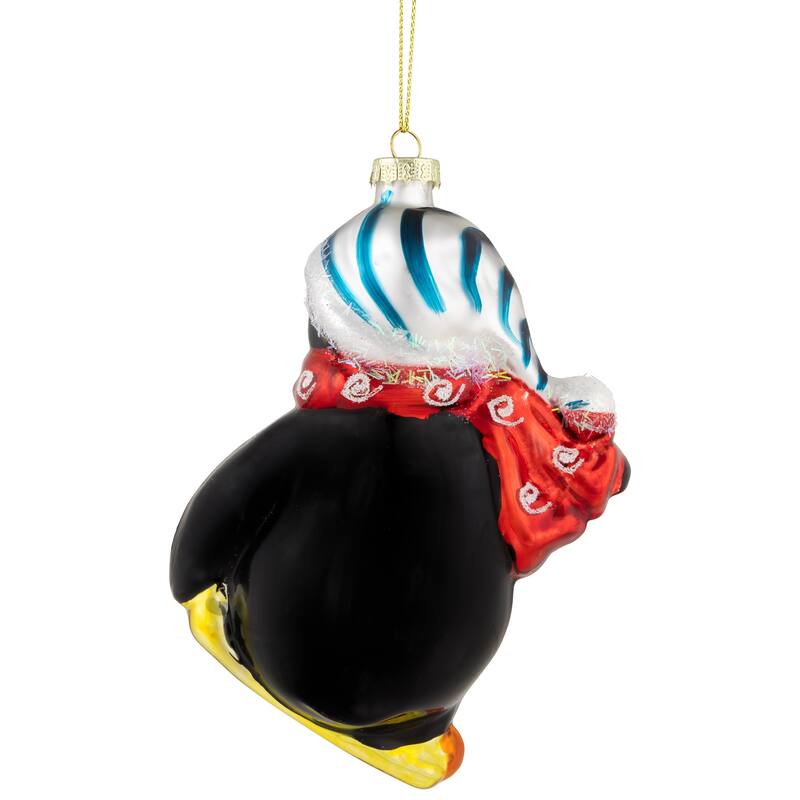 Snowboarding Penguin Glass Christmas Ornament - 4.25" - Black White and Red