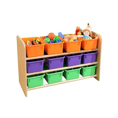 Wood Designs Sturdy 3 shelf Storage Rack with 12 Assorted Pastel Color Trays, Birch Wood Storage Organizer Unit - 21"