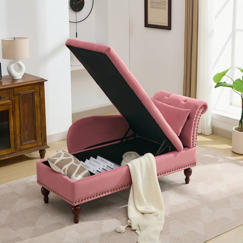 Velvet Chaise Lounge with a Storage Function, Tufted Cushions & Nailheads