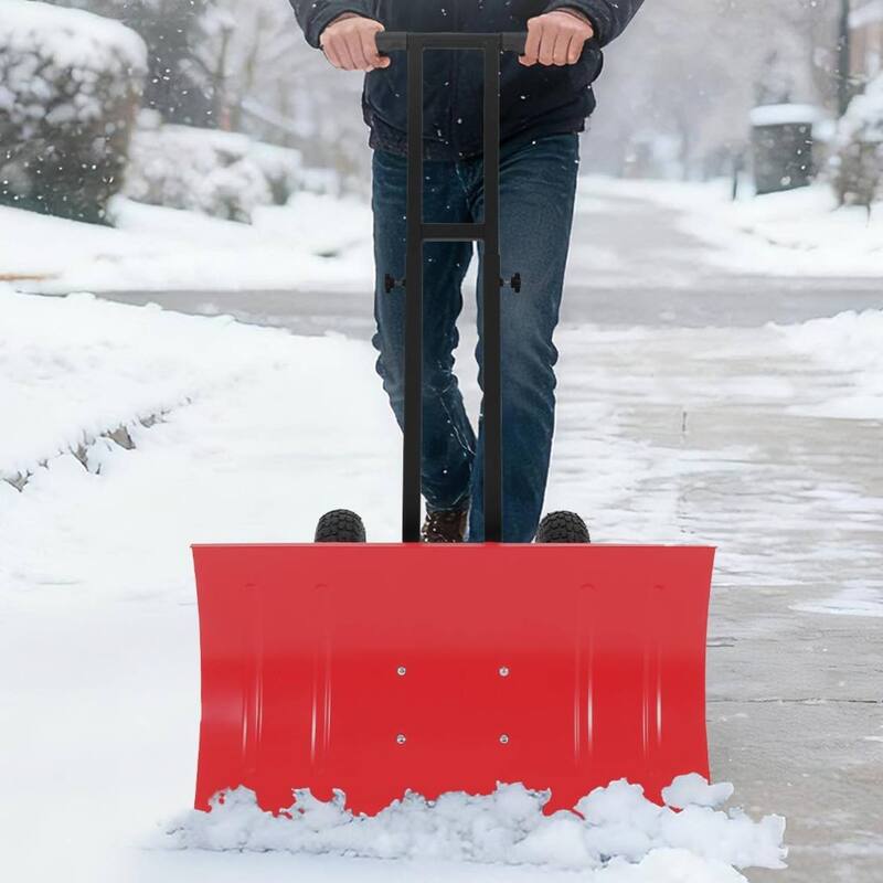 29.13x16.54 in Heavy Duty Rolling Snow Pusher Shovel for Driveway, Doorway, Sidewalk - Red