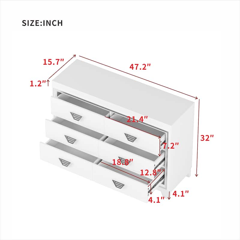 6 Drawers Bedroom Dresser, Large Capacity Clothing Storage Organizer Closet, Double Dresser with Metal Handles