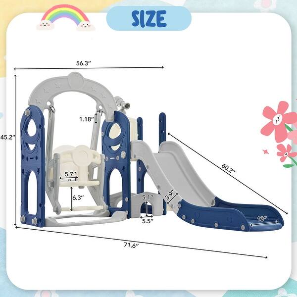 dimension image slide 0 of 5, 5 in 1 Toddler Slide and Swing Set - Indoor & Outdoor Kids Playground Climber with Telescope - 71.6'' L x 56.3'' W x 45.2'' H