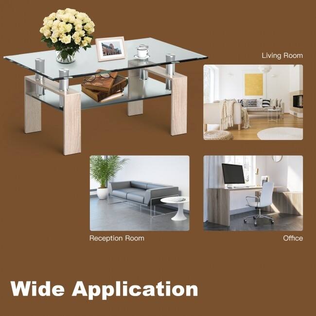 Rectangle Glass Coffee Table with Metal Legs for Living Room - 39" x 23.5" x 17.5"