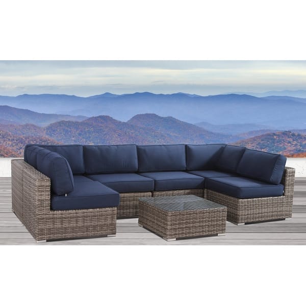 Resort Grade Set 7 Piece Rattan Sunbrella Sectional Seating Group On
