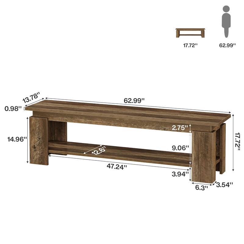 63-Inch Dining Bench for 2-3, Farmhouse Wooden Bench with Storage Shelf for Kitchen & Dining Room