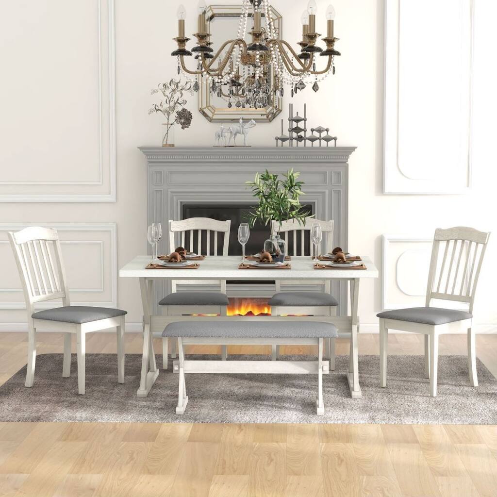 6-Piece Rustic Dining Set Trestle Table and 4 Upholstered Chairs & 1 Bench