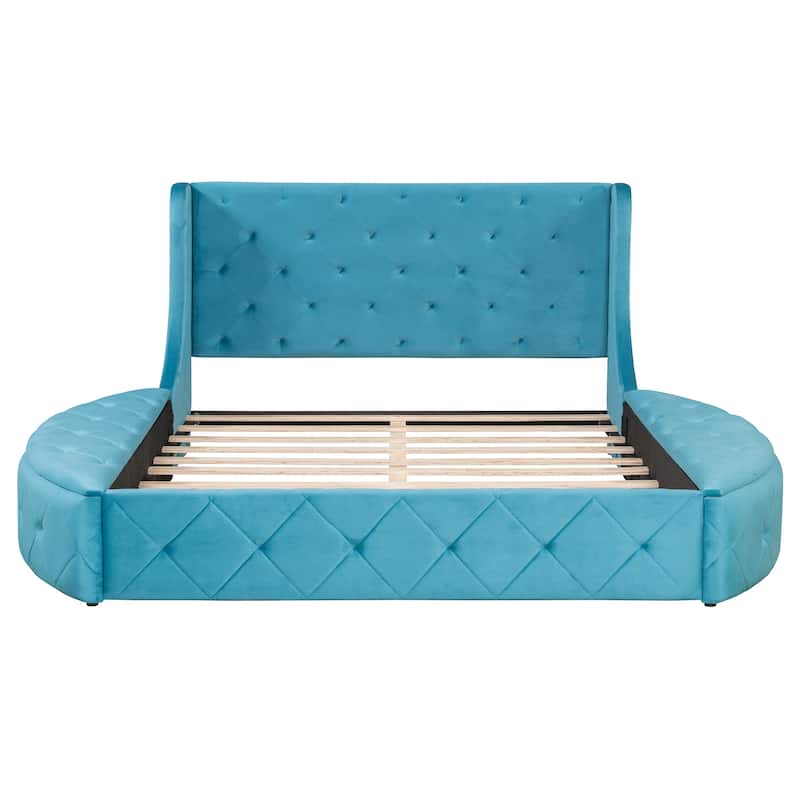 Low Profile Bed Queen Size Velvet Upholstered Platform Bed with Wingback Headboard, Big Drawer and 2 Semicircle Side Stools