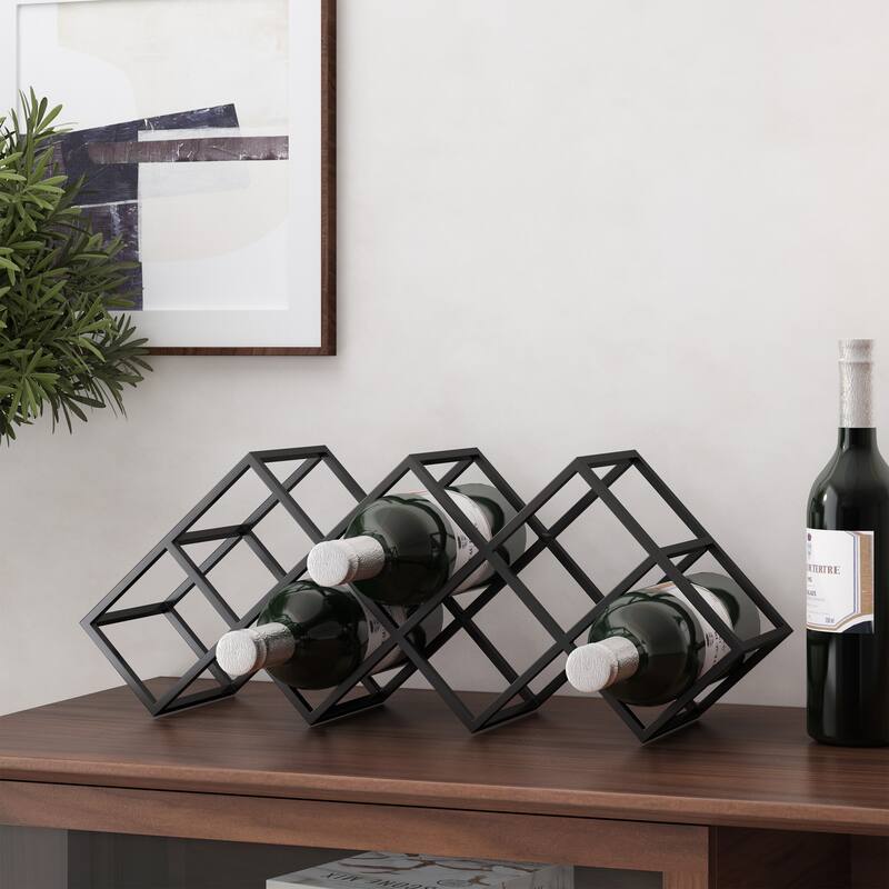Roomfitters Modern Industrial Tabletop Wine Rack, Geometric Iron Frame, Holds 7 Bottles, Black