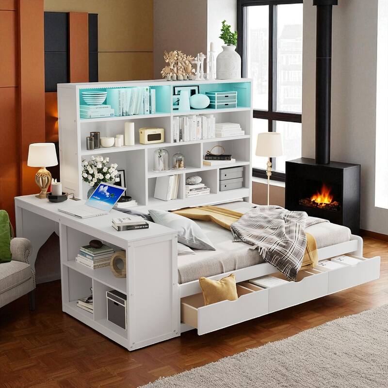 Full Size Wooden Daybed with Desk, Shelves & Lights, 3 Drawers, Reversible Layout, 76 x 68.9 x 65.2 in