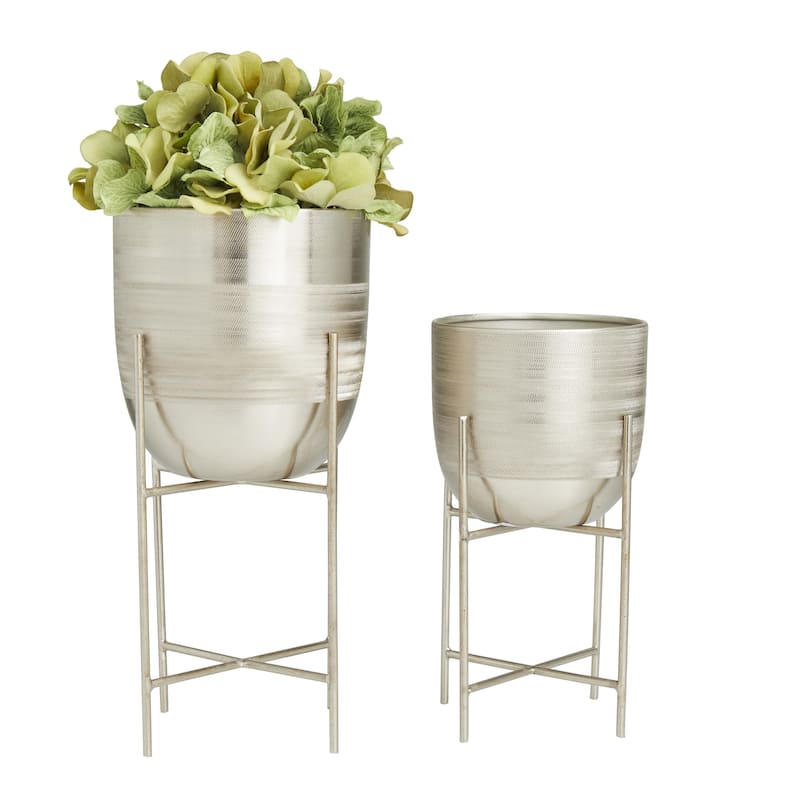 Metal Indoor Outdoor Planter with Removable Stand - Set of 2 Silver, Gray, Gold - Roche River Decor - Silver - 6", 5"W