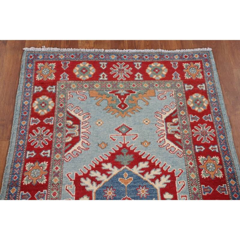 Light Blue Geometric Kazak Rug Hand-Knotted Wool Carpet - 3'1" x 5'3"