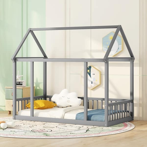 slide 2 of 13, Twin Size Wooden Floor Bed with House Roof Frame and Safety Guardrails Grey
