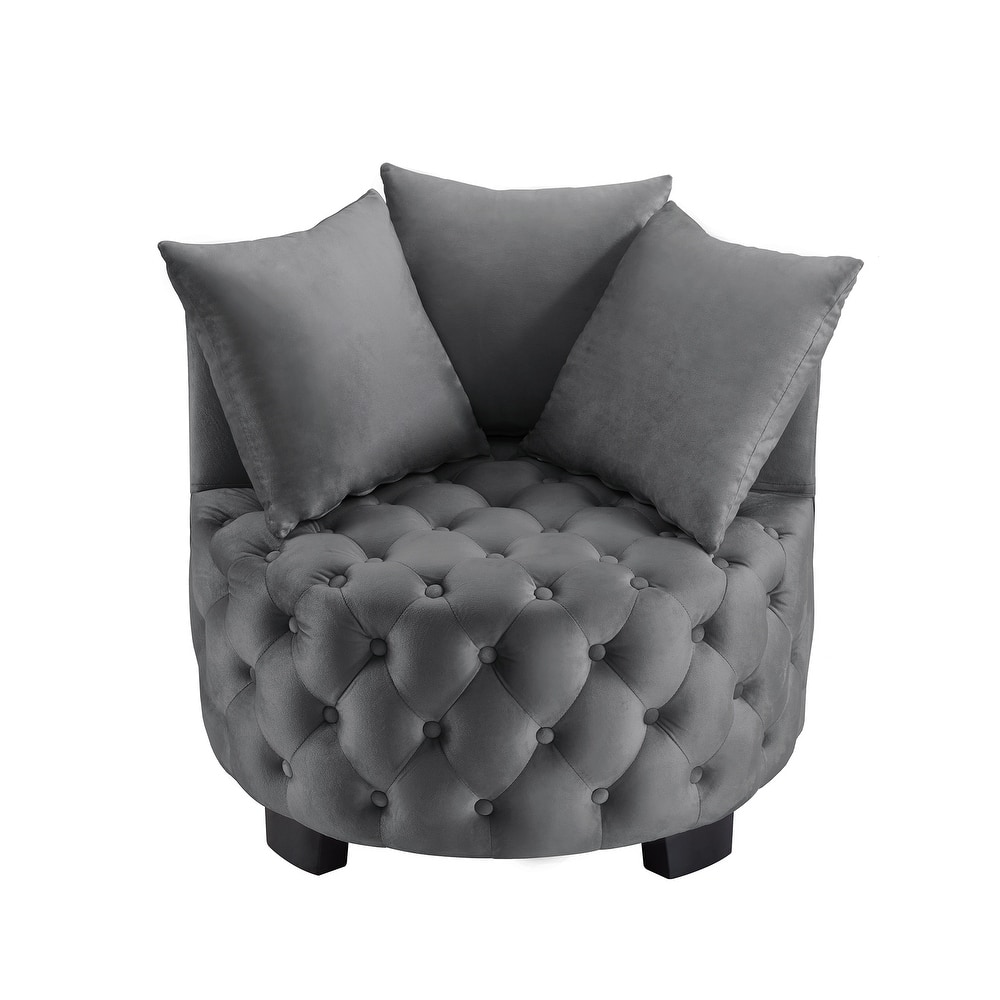 Velvet Upholstered Accent Chair, Button Tufted Round Club Chair, Lounge Reading Chair with 3 Pillows & Curved Back