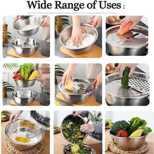 3 In 1 Stainless Steel Grater Shredder Slicer With Colander Drain Basin Bowl For Vegetables Fruits Salad As Washing Basket In Kitchen