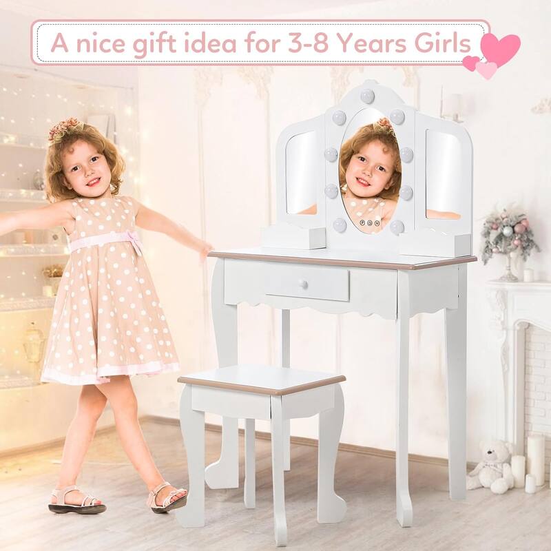Toddlers and Kids Vanity Set with 3 Mirrors and Stool